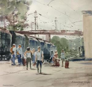 Watercolor: At the station Watercolor: At the station