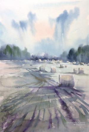 Watercolor: Hayfield Watercolor: Hayfield