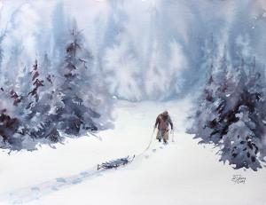 Watercolor: An old lady in the wintry forest Watercolor: An old lady in the wintry forest